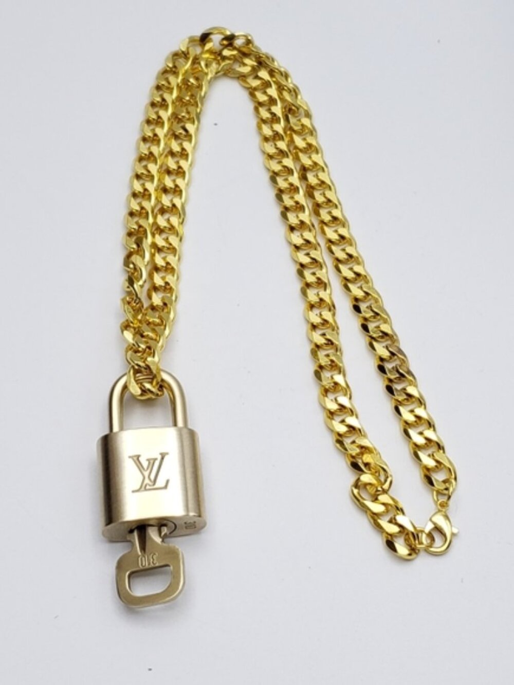Authentic Louis Vuitton Gold Lock With Unbranded Cuban Style Gold Plated Chain - Picture 5 of 10